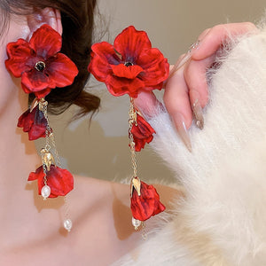Sweet Floral Fabric Faux Pearl Tassel Drop Earrings With Silver Needle Elegant Light Luxury Style