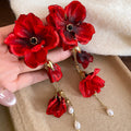Sweet Floral Fabric Faux Pearl Tassel Drop Earrings With Silver Needle Elegant Light Luxury Style view 4