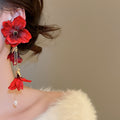Sweet Floral Fabric Faux Pearl Tassel Drop Earrings With Silver Needle Elegant Light Luxury Style view 3