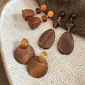 Wood Geometric Round Pendant Drop Earrings, Vintage Ethnic Minimalist Style view 3
