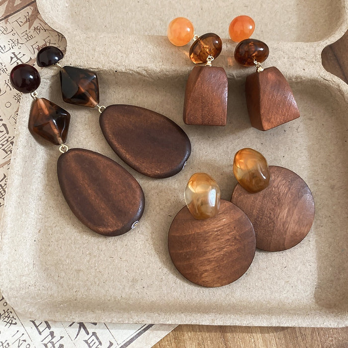 Wood Geometric Round Pendant Drop Earrings, Vintage Ethnic Minimalist Style