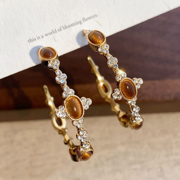 18K Gold Plated Tiger Eye Stone C Shape Hoop Earrings With Silver Posts Maillard Style