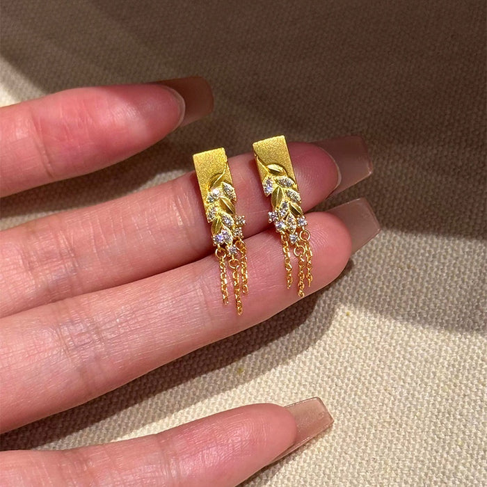 Gold Plated Copper Wheat Tassel Drop Earrings With Zircon And Silver Pins Light Luxury Style