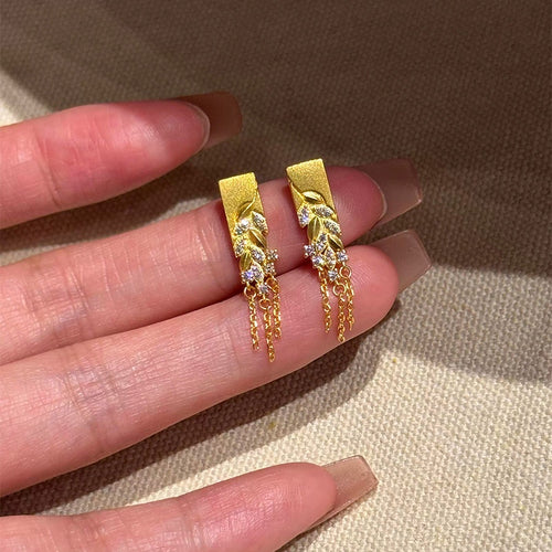 Gold Plated Copper Wheat Tassel Drop Earrings With Zircon And Silver Pins Light Luxury Style