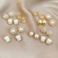 Elegant Faux Pearl Jewelry Set With Silver Post Enamel Round Geometric Stud Earrings view 3