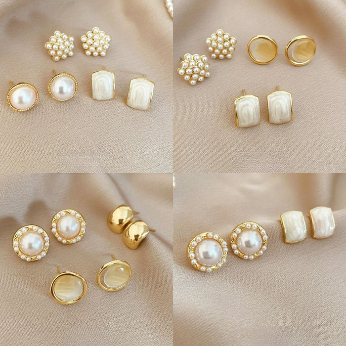 Elegant Faux Pearl Jewelry Set With Silver Post Enamel Round Geometric Stud Earrings