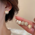 Elegant Faux Pearl Jewelry Set With Silver Post Enamel Round Geometric Stud Earrings view 4