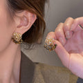 Retro Tiger Eye Stone Tassel Geometric Drop Earrings For Women, Elegant Autumn Winter Fashion Jewelry view 1