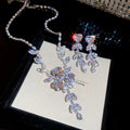 Copper Zircon Flower Leaf Wheat Tassel Necklace And Stud Earrings Jewelry Set, Light Luxury Court Style view 3