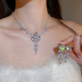 Copper Zircon Flower Leaf Wheat Tassel Necklace And Stud Earrings Jewelry Set, Light Luxury Court Style view 2