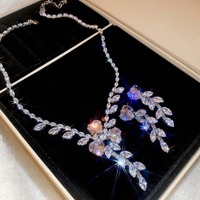 Copper Zircon Flower Leaf Wheat Tassel Necklace And Stud Earrings Jewelry Set, Light Luxury Court Style
