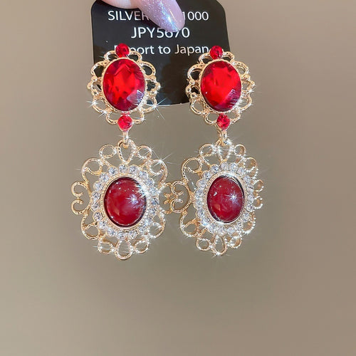 Alloy Oval Lace Rhinestone Stud Earrings Vintage Court Style Elegant Luxury Jewelry