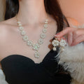 Light Luxury Imitation Pearl Flower Rhinestone Tassel Stud Earrings Necklace Jewelry Set view 4
