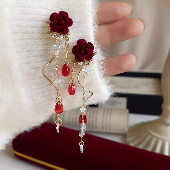 Sweet Style Flocked Flower Crystal Tassel Drop Earrings With Silver Needle Posts