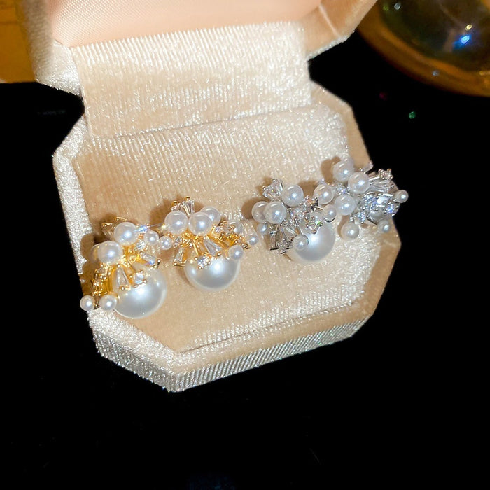 Light Luxury Faux Pearl Zircon Firework Stud Earrings With Silver Posts For Women