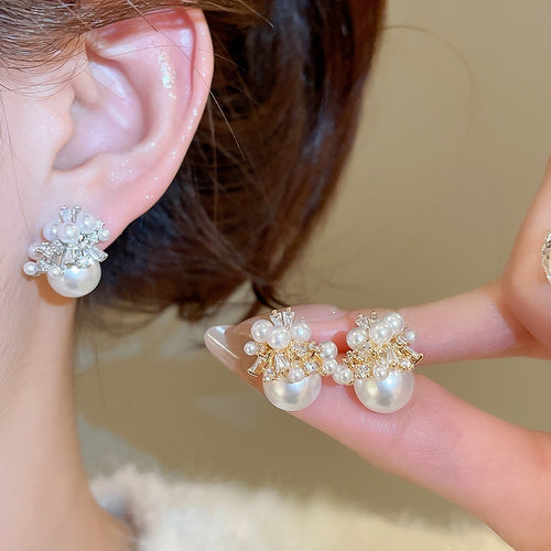 Light Luxury Faux Pearl Zircon Firework Stud Earrings With Silver Posts For Women