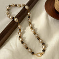 18K Gold Plated Tiger Eye Round Geometric Pendant Sweater Necklace For Women Vintage Light Luxury Style view 4