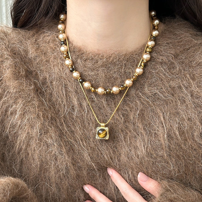 18K Gold Plated Tiger Eye Round Geometric Pendant Sweater Necklace For Women Vintage Light Luxury Style