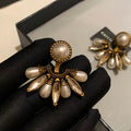 French Vintage Faux Pearl Stud Earrings With Rhinestone Round Fan Geometric Design view 1