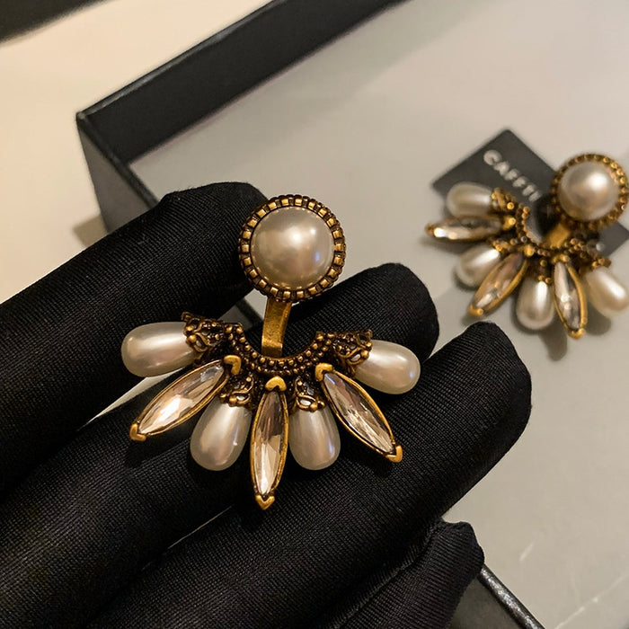 French Vintage Faux Pearl Stud Earrings With Rhinestone Round Fan Geometric Design