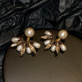French Vintage Faux Pearl Stud Earrings With Rhinestone Round Fan Geometric Design view 2