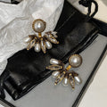 French Vintage Faux Pearl Stud Earrings With Rhinestone Round Fan Geometric Design view 3