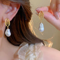 Gold Plated Silver Post Hollow Oval Faux Pearl Stud Earrings French Vintage Light Luxury view 3