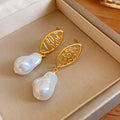 Gold Plated Silver Post Hollow Oval Faux Pearl Stud Earrings French Vintage Light Luxury view 2