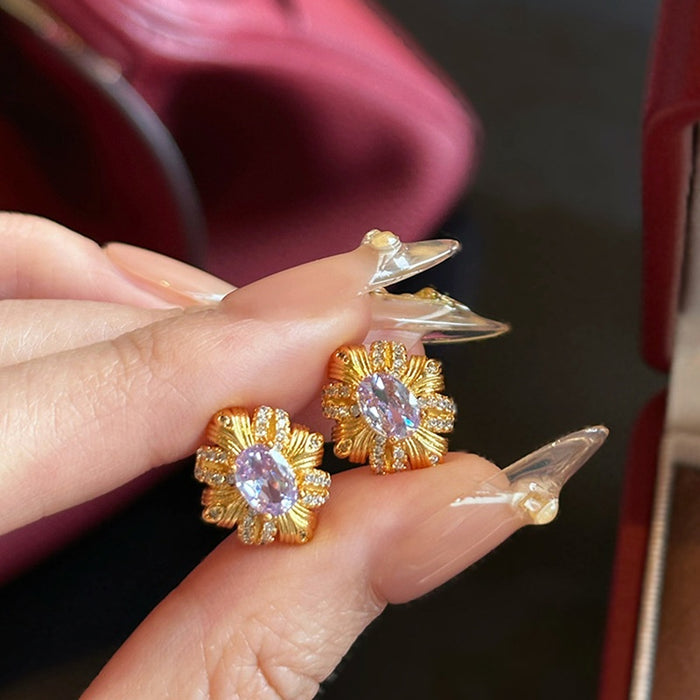 Light Luxury 18K Gold Plated Copper Zircon Rhombus Stud Earrings With Silver Posts