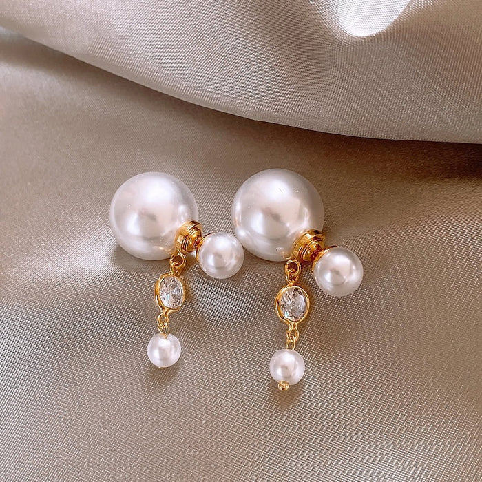 Light Luxury Geometric Round Imitation Pearl Zircon Tassel Drop Earrings For Women