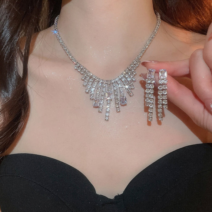 Light Luxury Copper Zircon Square Tassel Necklace And Stud Earrings Jewelry Set