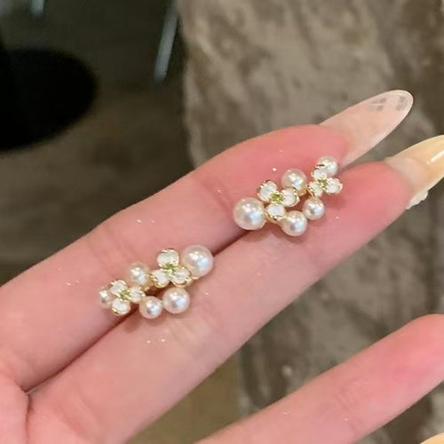 Gold Plated Silver Needle Zircon Enamel Flower Faux Pearl Stud Earrings For Women