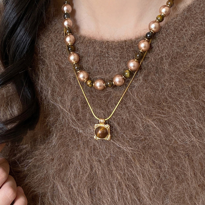 18K Gold Plated Copper Tiger Eye Geometric Pendant Necklace For Women Light Luxury Maillard Style