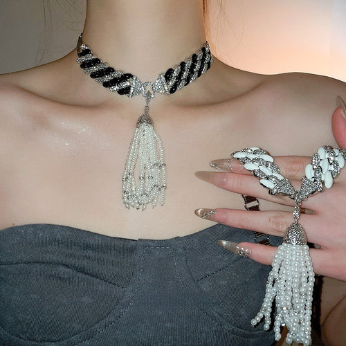 Light Luxury Faux Pearl Zircon Chain Necklace With Geometric Tassel Pendant For Women