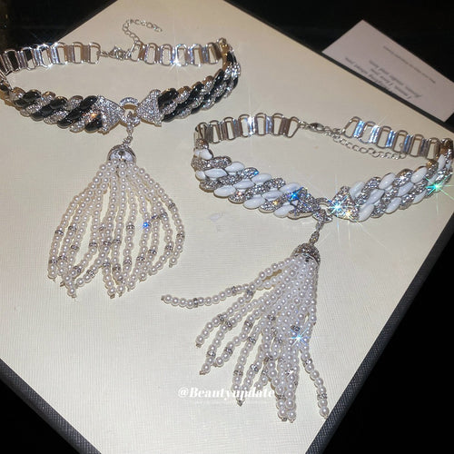 Light Luxury Faux Pearl Zircon Chain Necklace With Geometric Tassel Pendant For Women