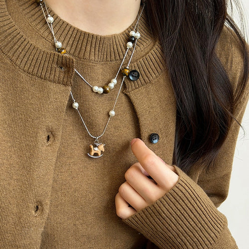 Maillard Faux Pearl Tiger Eye Horse Pendant Sweater Necklace Light Luxury Zodiac Jewelry