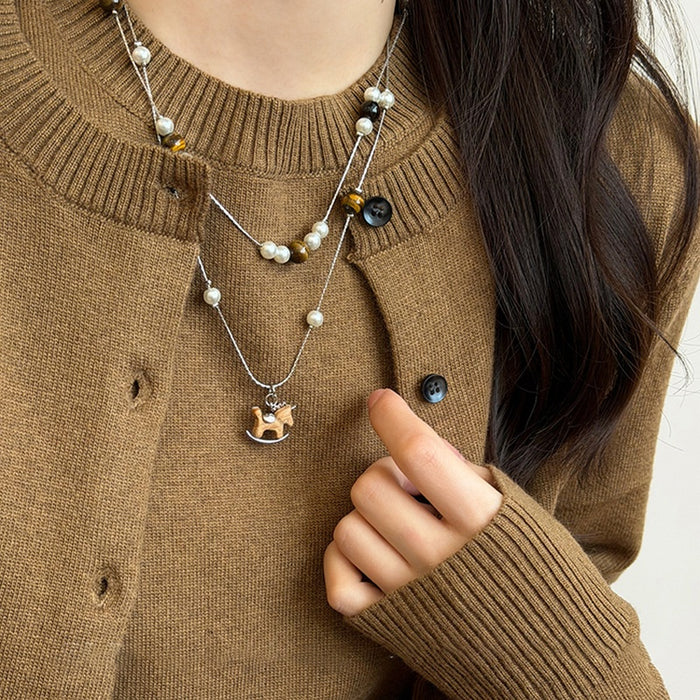 Maillard Faux Pearl Tiger Eye Horse Pendant Sweater Necklace Light Luxury Zodiac Jewelry