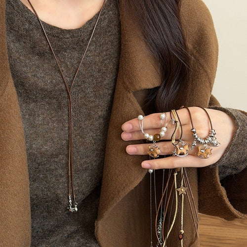 Maillard Faux Pearl Tiger Eye Horse Pendant Sweater Necklace Light Luxury Zodiac Jewelry