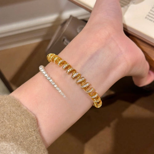 18K Gold Plated Copper Twisted Spring Zircon Geometric Bangle For Women Light Luxury Vintage Jewelry