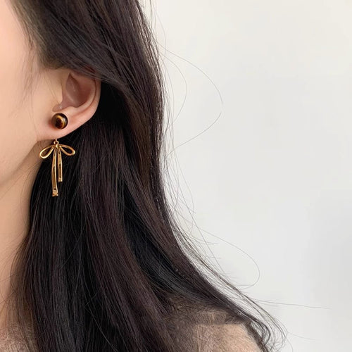 Light Luxury Resin Bow Pendant Drop Earrings With Silver Needle Elegant Autumn Winter Jewelry