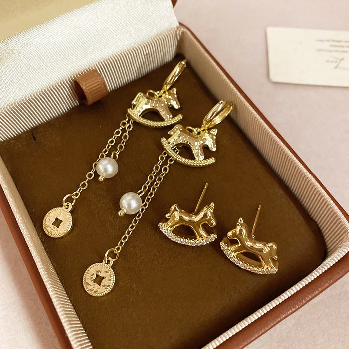 Light Luxury Horse Coin Tassel Faux Pearl Drop Earrings New Chinese Vintage Zodiac Jewelry