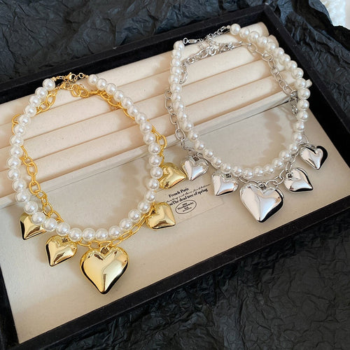 Light Luxury Faux Pearl Beaded Heart Necklace Vintage Fashion Collarbone Choker
