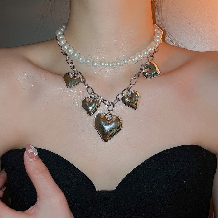 Light Luxury Faux Pearl Beaded Heart Necklace Vintage Fashion Collarbone Choker