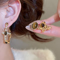Tiger Eye Stone Geometric Round Wrinkle Stud Earrings Maillard Vintage Light Luxury Silver Needle Jewelry view 2
