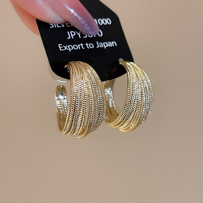 Gold Plated Copper Multi Layer C Shape Geometric Stud Earrings With Silver Pins For Women