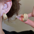 Gold Plated Copper Multi Layer C Shape Geometric Stud Earrings With Silver Pins For Women view 2