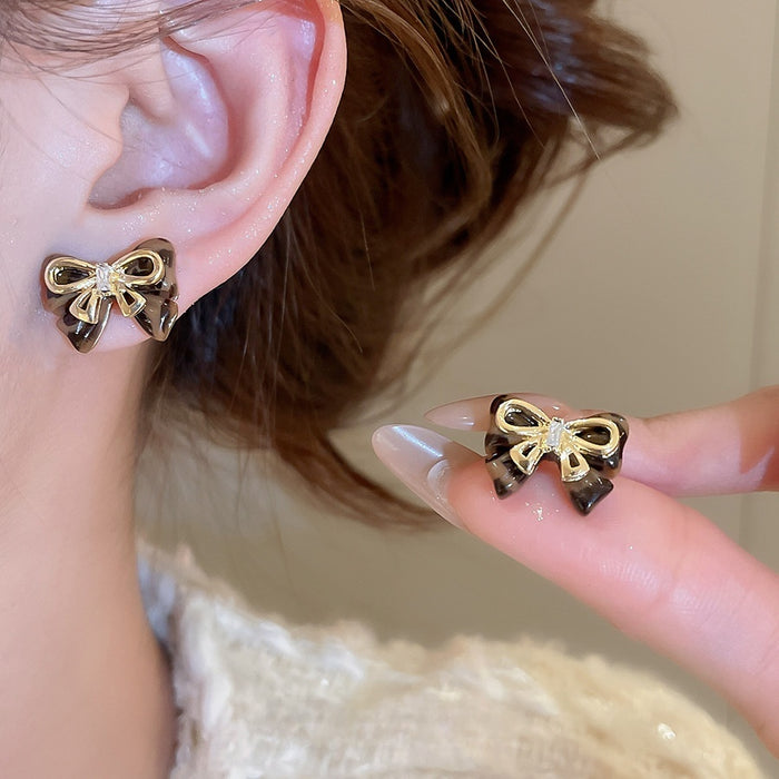 Alloy Rhinestone Bow Stud Earrings Fashion OL Minimalist Light Luxury Ear Jewelry