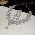 Rhinestone Flower Faux Pearl Stud Earrings And Necklace Court Style Light Luxury Jewelry Set view 4