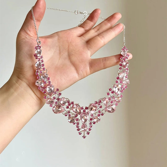 Rhinestone Waterdrop Flower Pendant Necklace Alloy Court Style Light Luxury Collarbone Chain