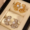 Irregular Geometric Faux Pearl Zircon Twisted Hollow Stud Earrings Light Luxury Silver Needle Jewelry view 3